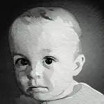 Schwarz-weißes Aquarellporträt eines Babys mit großen Augen und weicher Schattierung auf strukturierter Papierfläche.
