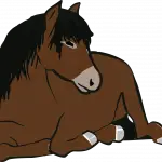 Kinderbuchillustration eines braunen Pferdes mit dunkler Mähne, das ruhig am Boden liegt, in warmen Farben und vereinfachtem Stil dargestellt.