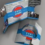 Flyer im Altarfalz für Reifen- und Ölservice, , durch halbkreisförmige Ausstanzungen wird das Logo sichtbar und Interesse erzeugt